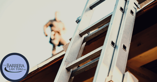 Image of ladder leaning on a roof with a man on roof in the background